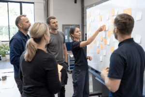Team-Workshop mit Haftnotizen am Whiteboard in einem Industriebetrieb