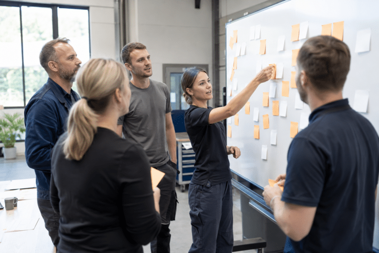 Team-Workshop mit Haftnotizen am Whiteboard in einem Industriebetrieb